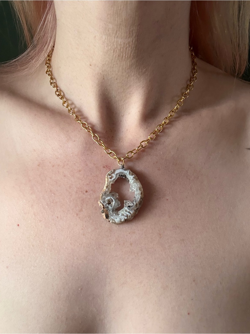 Brass Chain Necklace with Natural White Geode Pendant